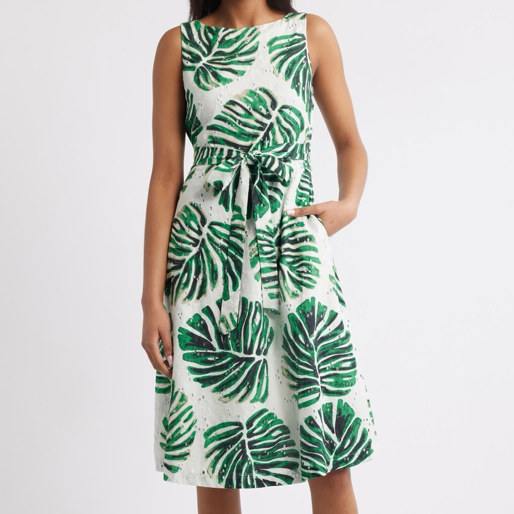 Anne Klein Eyelet Midi Dress dove white & green tropical palm leaf print size 8